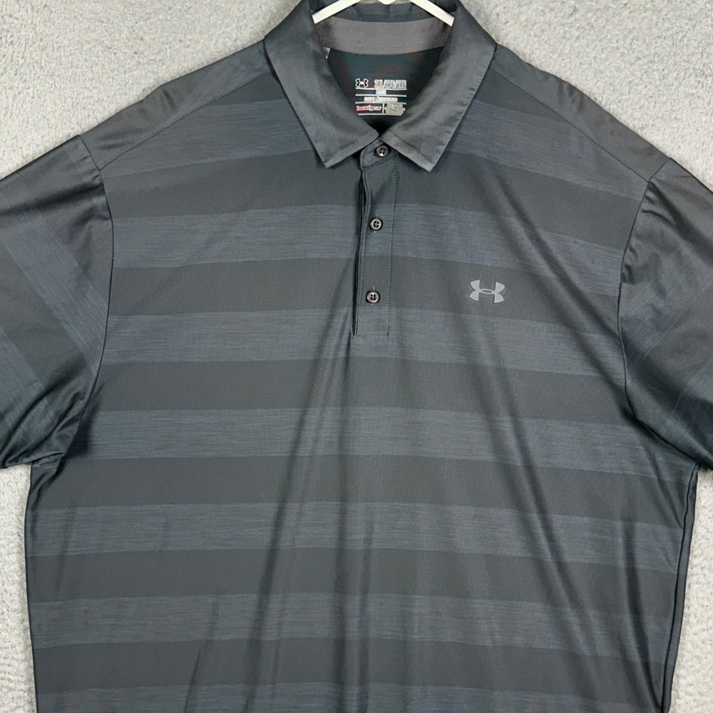 Under‎ Armour Polo Shirt Mens 2XL Grey HeatGear Golf Loose Striped Rugby Stretch